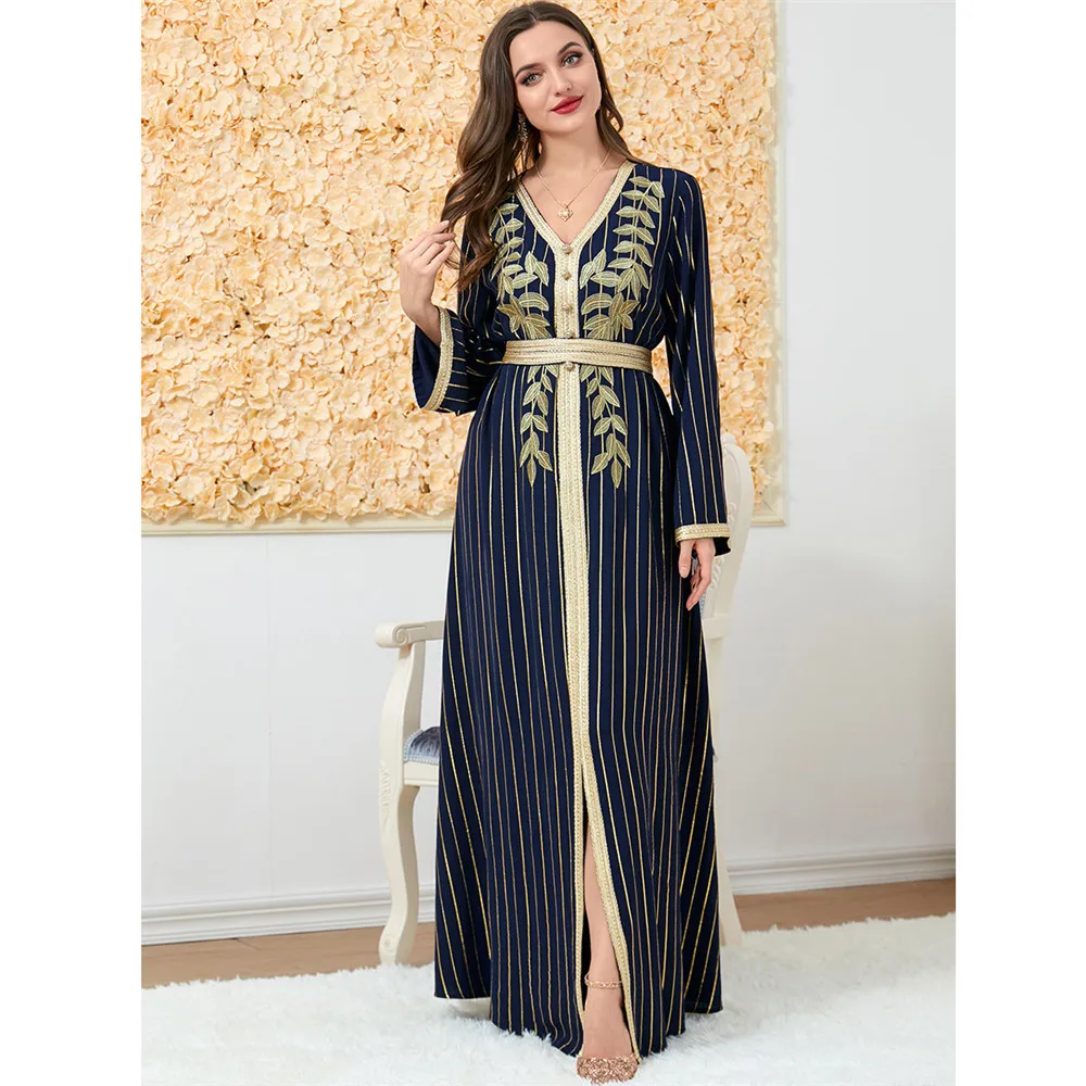 

Stripes Embroidery Muslim Women Abaya Eid Ramadan Maxi Dress Dubai Arab Kaftan Gulf Split Jalabiya Caftan Moroccan Gown Vestidos