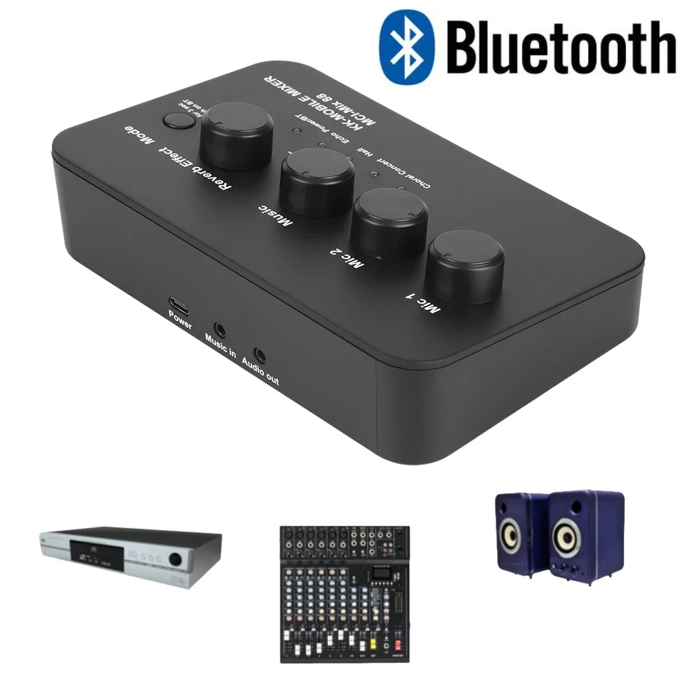 Portable Karaoke Microphone Mixer AUX IN/OUT Bluetooth Connection with 2Mic Inputs Digital Audio for Karaoke Smart TV PC Speaker