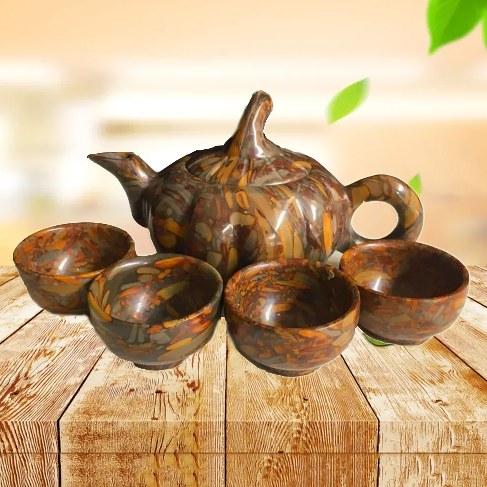 

Natural Nuwa Stone Teapot Colorful Stone Health Care Tea Set Jade Tea Cup Teapot Set High-End Tea Set Gifts Crafts