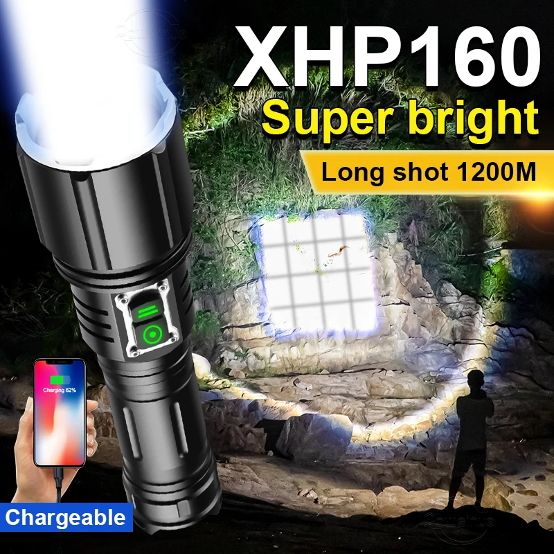 

New 2022 XHP160 LED High Power LED Flashlight USB 18650 Rechargeable Tactical Torch Zoomable Powerful Hunting Camping Lantern