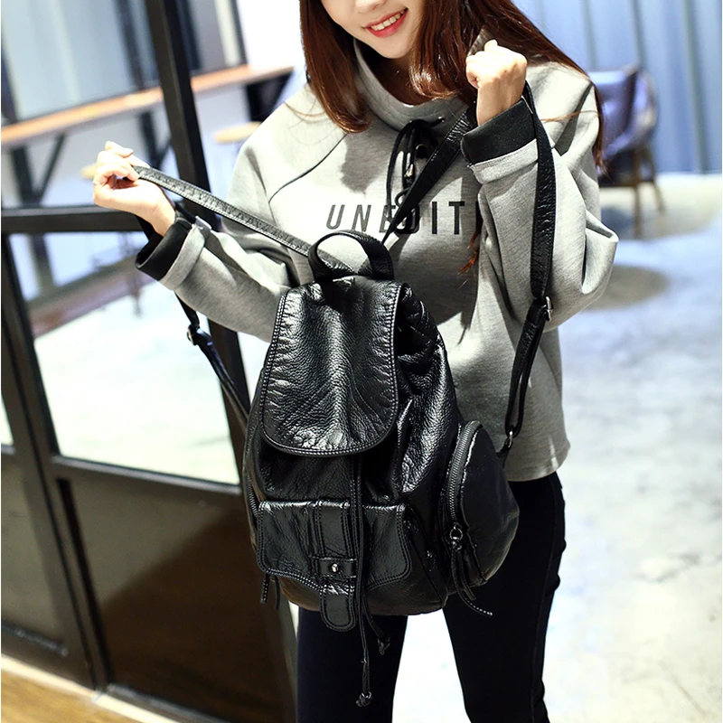 Fashion Women Backpacks Soft Washed PU Leather Travel Bag Female Drawstring Backpack High Capacity School Bags for Women 2