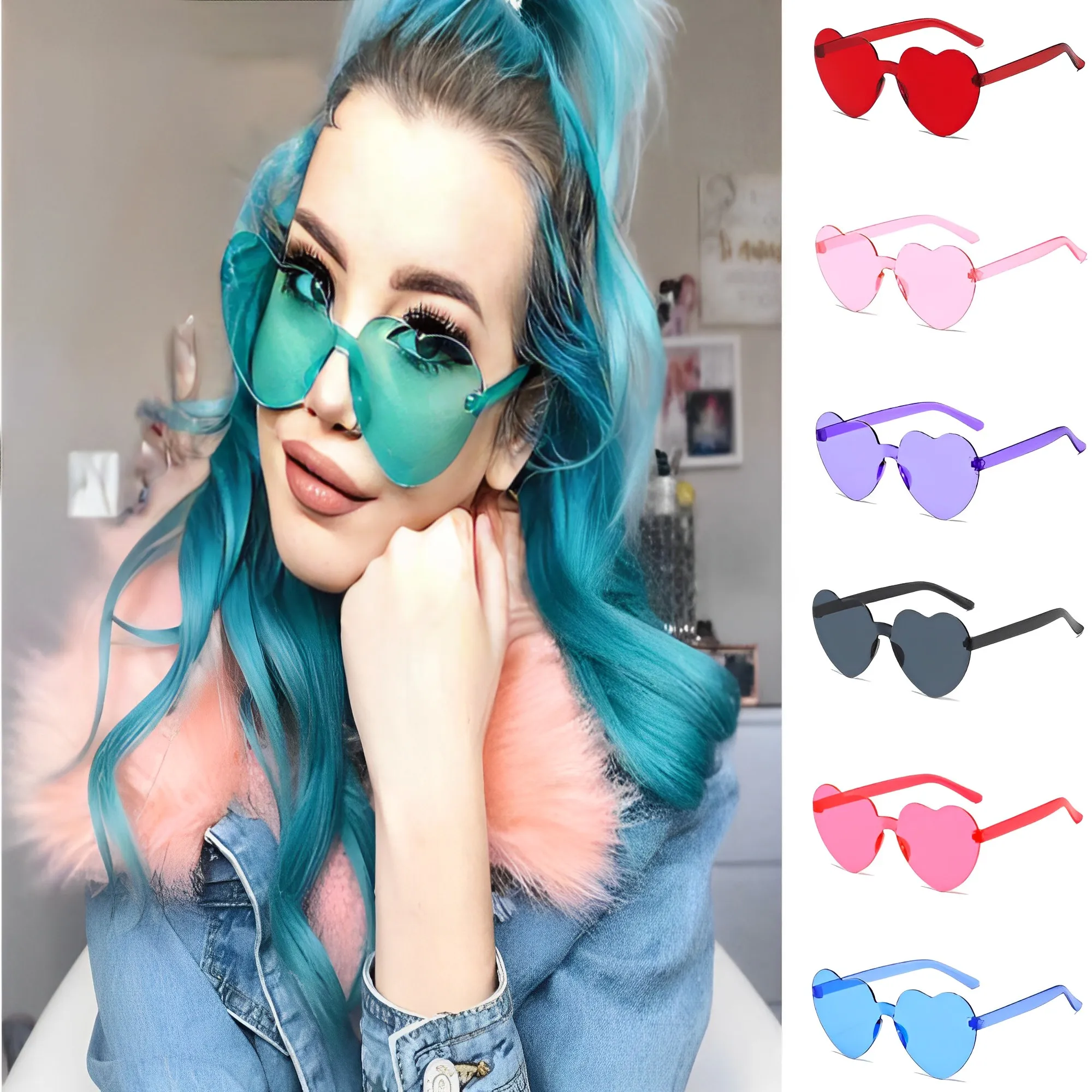 

Love Heart Shape Sunglasses Women Rimless Frame Tint Clear Lens Colorful Sun Glasses Female Red Pink Yellow Shades Travel