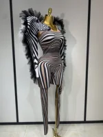 Women Long Sleeve Zebra Stripes Bodycon Jumpsuit Two Piece Set Birthday Party Nightclub Stage Performance Halloween Rompers - Image 2