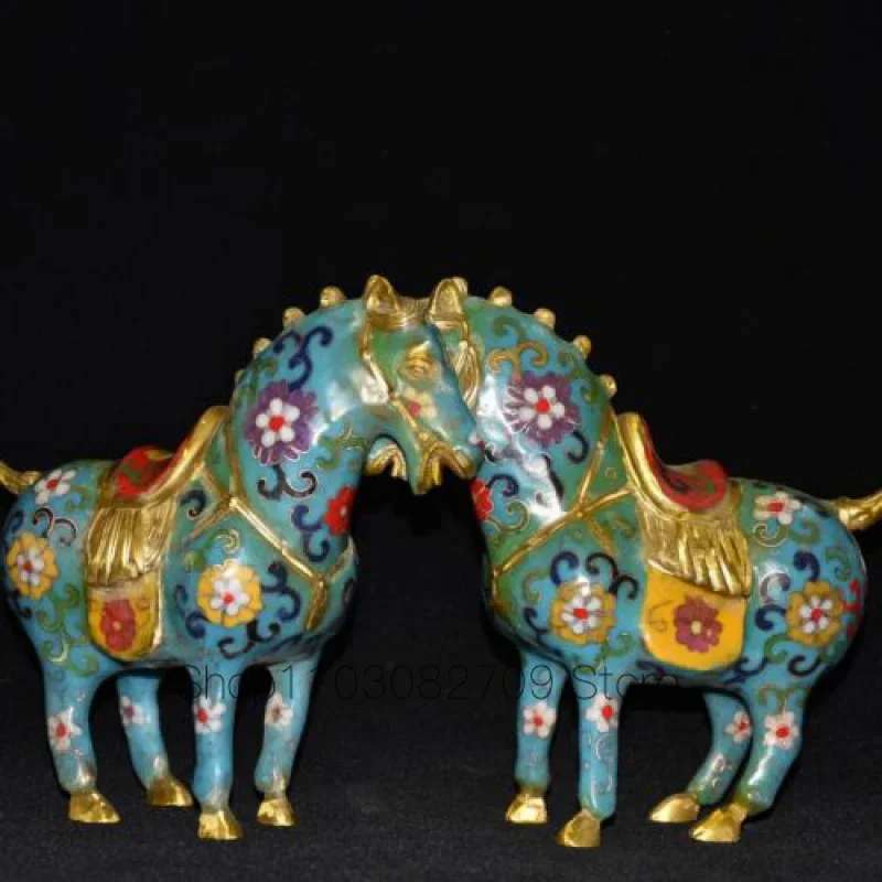 

A Pair of Feng Shui Exquisite Copper Cloisonne Enamel Carved Tangma Gold-Plated Statue