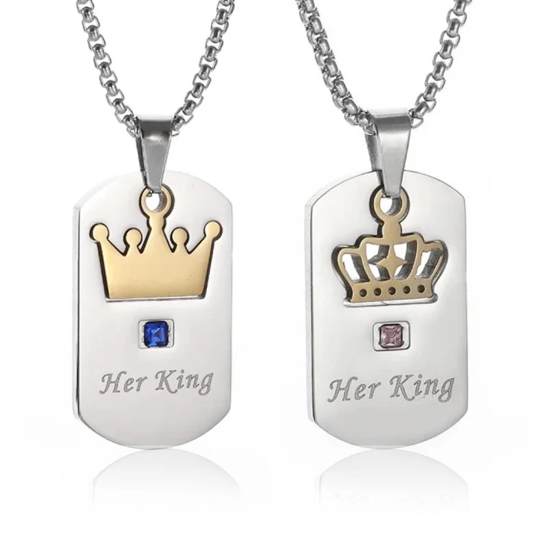 

Stainless Steel Square Pendant Necklace Inlaid with Zircon Men Women Crown Anniversary Gift Jewelry