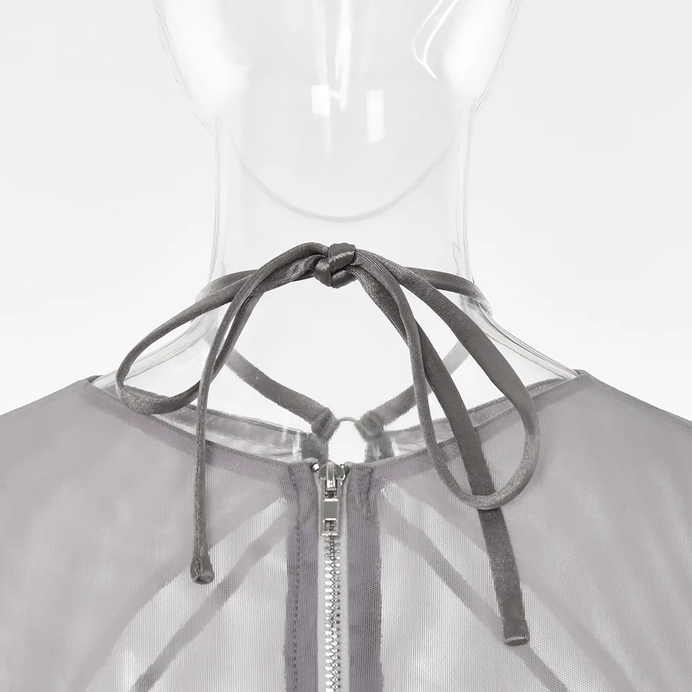 Asymmetrical See Through Sexy Women Clothes Solid Sheer Grey Elegant Corset Tops Club Mesh Outfits Long Sleeve Streetwear