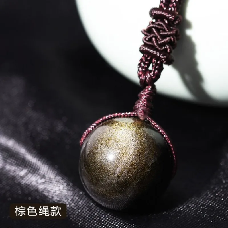Natural Golden Obsidian Hand-carved 18mm Bead Pendant Necklace for Men and Women Gift