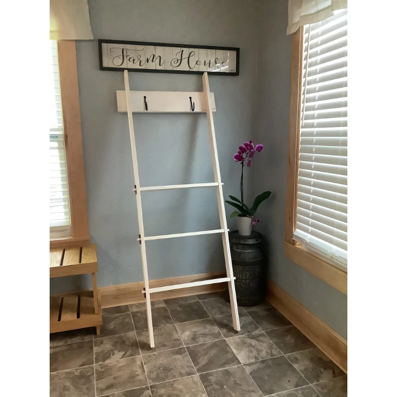 

Farmhouse Wooden Blanket Ladder with Hooks hangers for clothes clothing rack