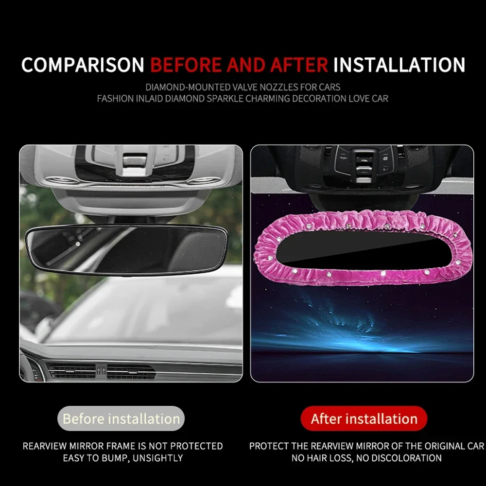 Crystal Diamond Plush Auto Rearview Mirror Decor Bling Rhinestone Car Interior Accessories Elastic Rearview Mirror Cover Women