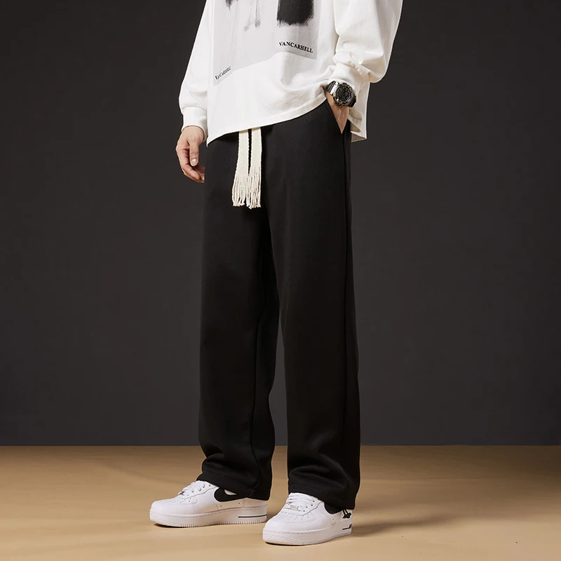 Men's Autumn Winter Solid Bandage Drawstring Elastic High Waisted Pockets Loose Casual Wide Leg Sports Trousers Vintage Pants