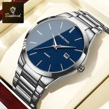 BINBOND Top Brand Classic Fashion Mens Quartz Watch Calendar Display Stainless Steel High Quality Waterproof Original Mens Watch