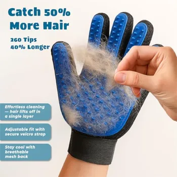Dog being groomed with deshedding massage glove