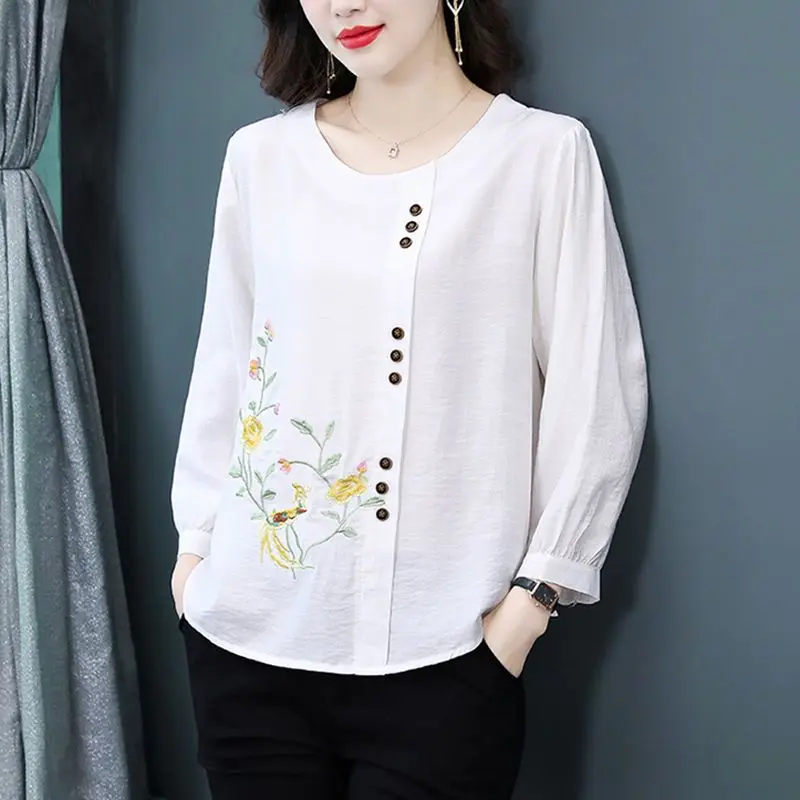여성용 빈티지 자수 블라우스, 우아한 패션, 3/4 소매, 루즈 셔츠, O넥 단색 코튼 린넨 탑, 중국 스타일, 신상