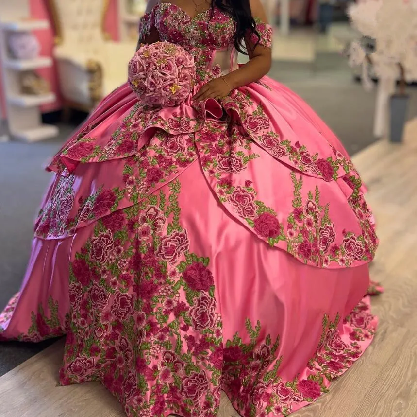 Pink Charro Queen Quinceanera Dresses Handmade 3D Floral Off Shoulder  Corset | eBay