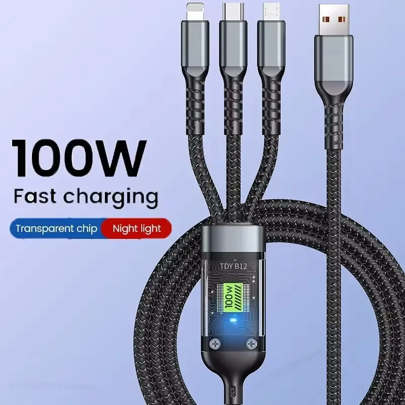 3 In 1 100W Transparent Pilot Lamp Super Fast Charging Cable Universal with Type C Usb Micro for Iphone Samsung Huawei Xiaomi 6A 1