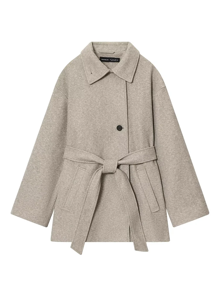 TFMLN Women New Wool Long Coat 2025 Elegant Notched Collar Belted Female Warm Double Faced Woolen Button Up Winter Overcoat