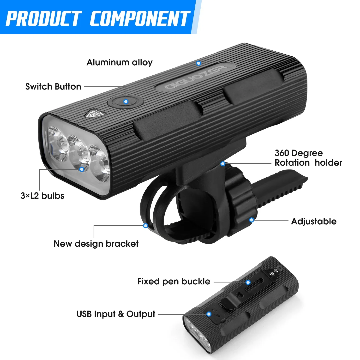 Bike Light Set Front Light with Taillight USB Rechargeable 5200mAh Motor Bike Headlight Protable Power Bank Flashlight LED Lamp