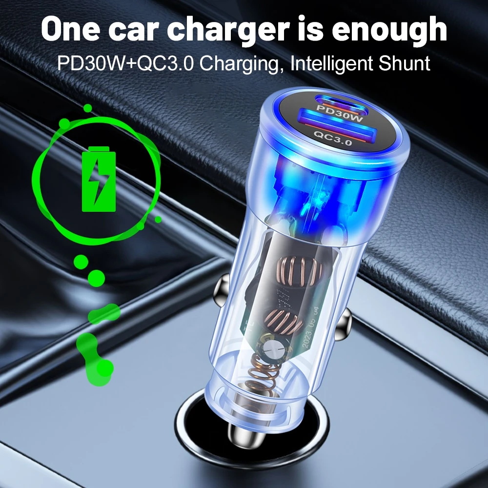 48W USB Mini Transparent Car Charger Fast Charging Type C Car Mobile Phone Charger For iPhone Xiaomi Samsung Huawei PD Charger