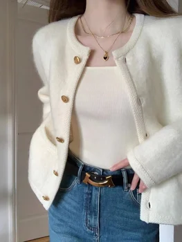 Temperament White Sweater Coat Women's Early Spring Autumn New Knitted O-Neck Cardigan Single Breasted Style Top 1