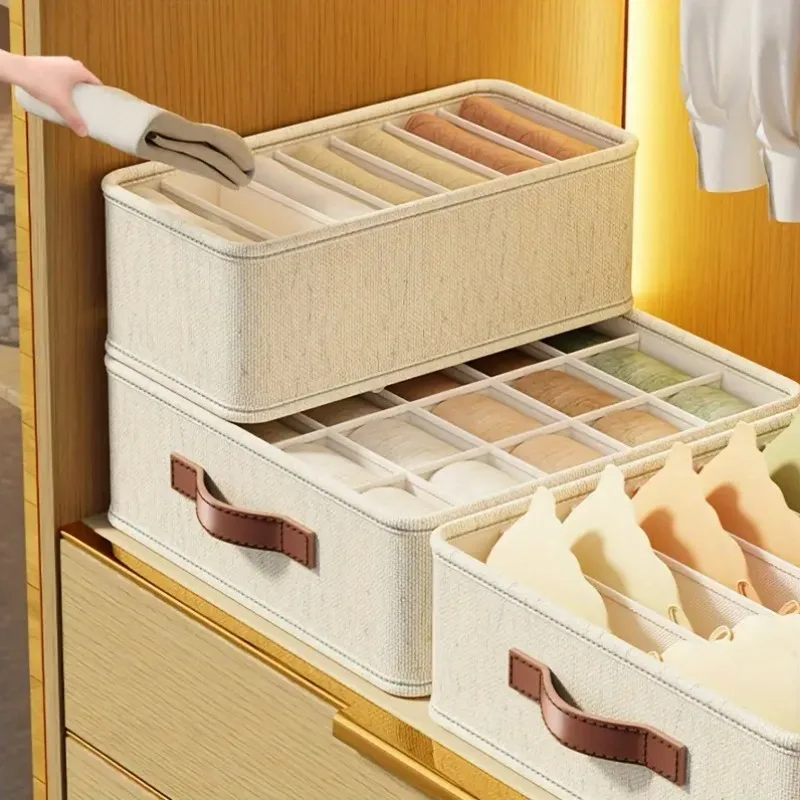 1pc Beige Foldable Drawer Organizer Stackable Fabric Storage Bin for Socks Underwear Bras Accessories Closet Organizers Storage 5