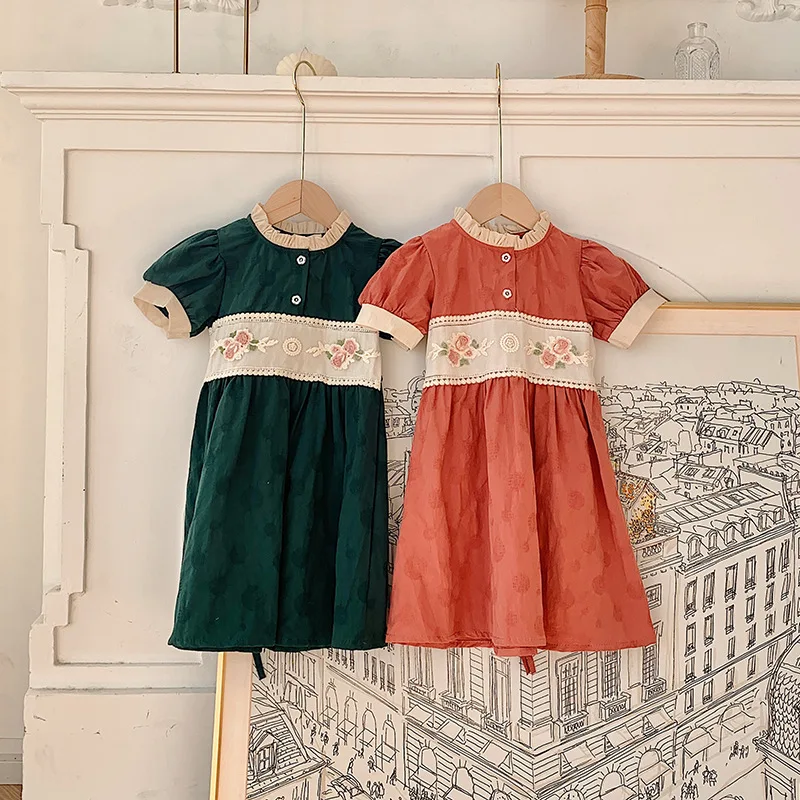 

French Style Girls Dress 2023 Summer New Kids Short Sleeve Flower Embroidery Princess Dresses Baby Girl Clothes