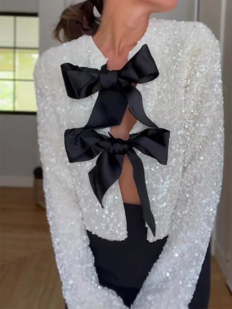 Fashion Shiny Bow Sequin Jacket Women Merry Christmas Elegant Long Sleeve Coat Y2K Chic Cropped Tops High Street Lady Outerwear