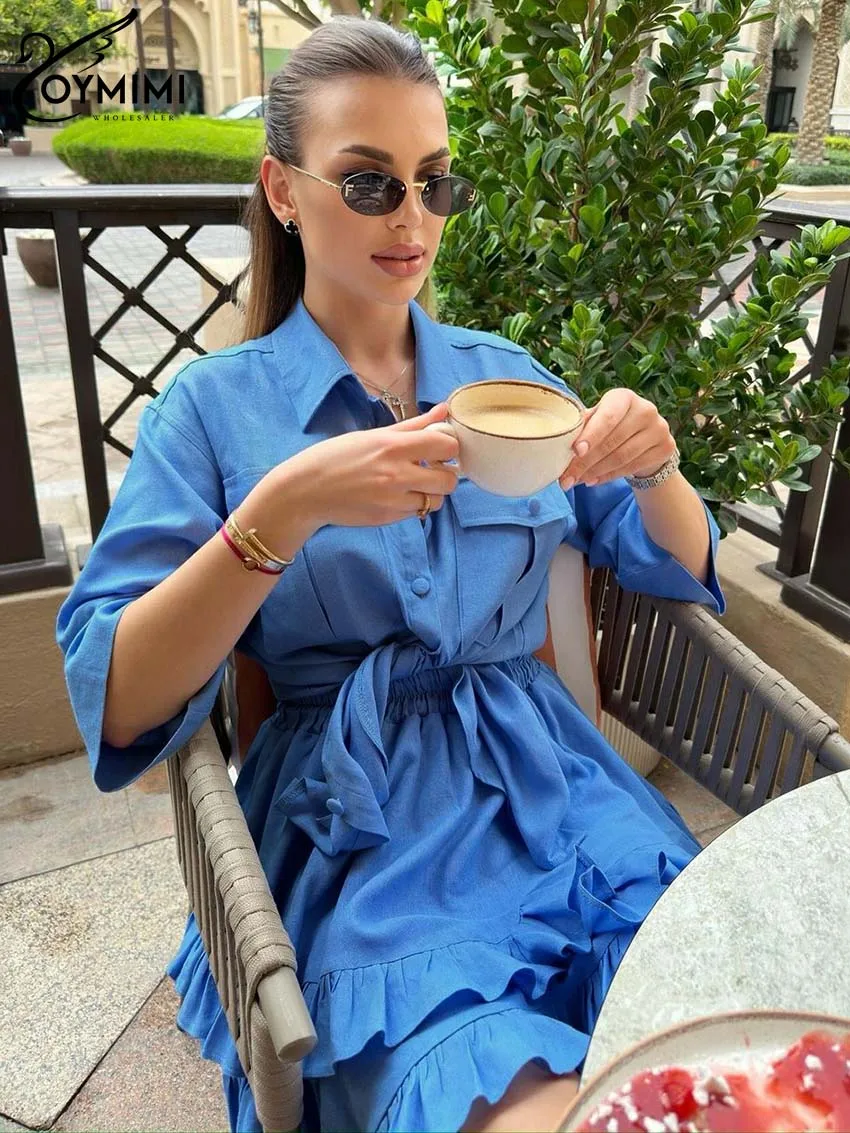 Oymimi Fashion Blue Cotton Women 2 Piece Set Outfit Lapel Three Quarter Sleeve Pockets Shirts + High Waist Ruffled Culottes Sets