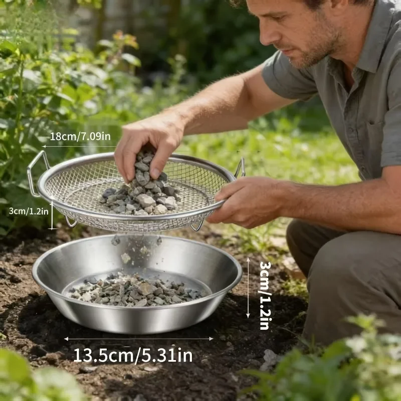 손잡이가 있는 2PC 스테인레스 스틸 흙 체망 세트, 퇴비 모래 흙용 메쉬 정원 체망 도구, 휴대용 정원용 돌망사망