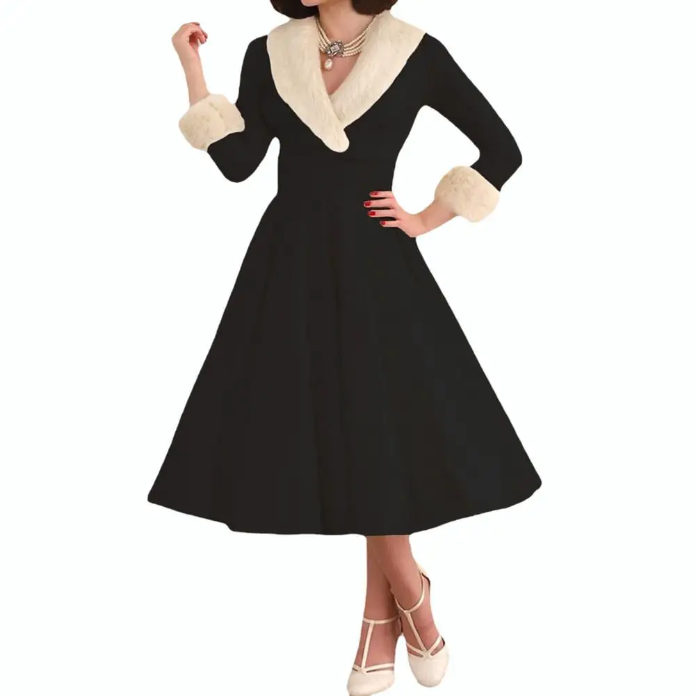 

Vintage A-line Dress Elegant A-line Midi Dress with Three Quarter Sleeves V Neck Faux Fur Hem for Fall Winter Women's Prom