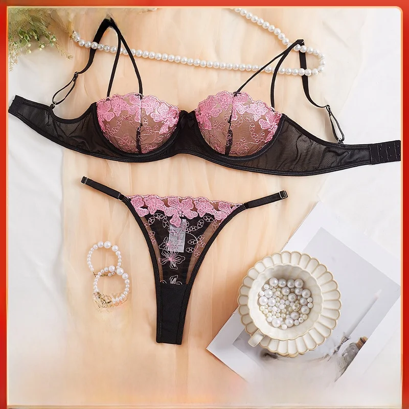 Sexy Lace Women's Underwear Pink Lightweight Material Bra Set Large Show Small Breathable Gathered Full Cup Fixed Strap Back...