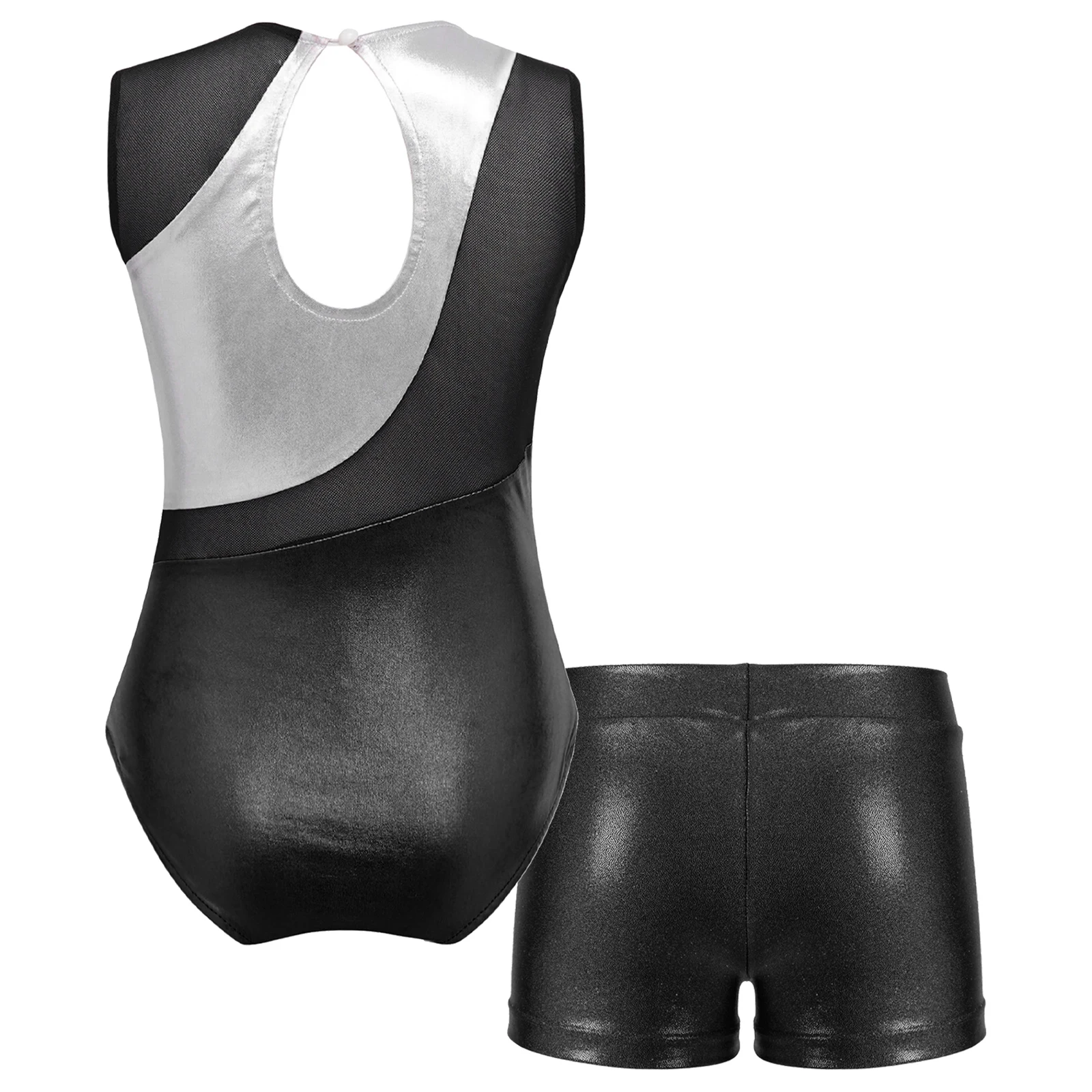 Toddler Kids Girls Metallic Sports Dance Bodysuits Gymnastics Dancewear Sleeveless Keyhole Back Dancing Leotard with Shorts Sets
