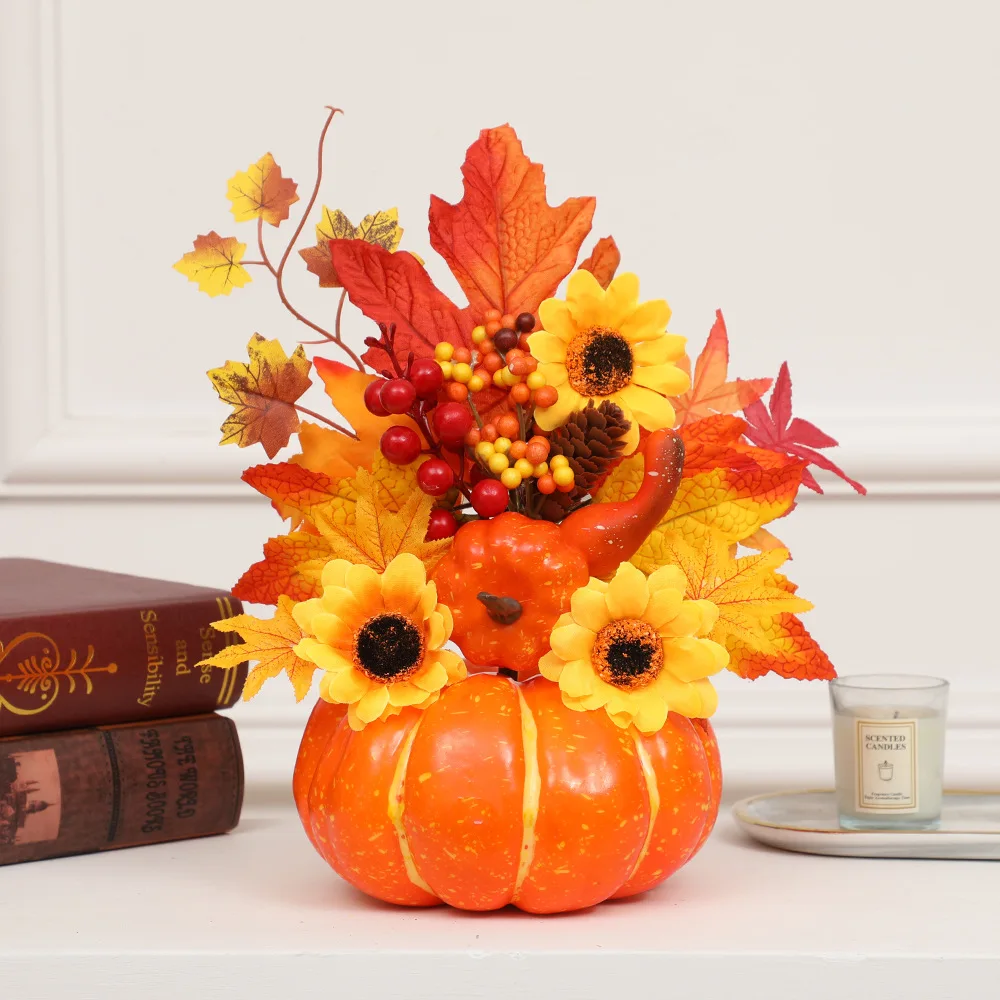 Autumn Harvest Artificial Pumpkin Sunflower Ornament Realistic Flower Simulation Decoration Party Fall Home Window Decor Props