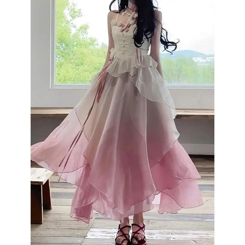 

Japan Fog Sakura Pink Gradient Fairy Summer Long Party Princess Dresses Set Elegant Sweet Flower Ruffles Fishbone Sling Tops