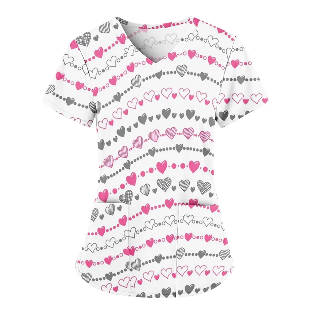 

Nurse Uniform Women Valentines Day Print Short Sleeve Pocket Working Oversized Shirts Workwear Nurse Uniform Blouse Care Workers
