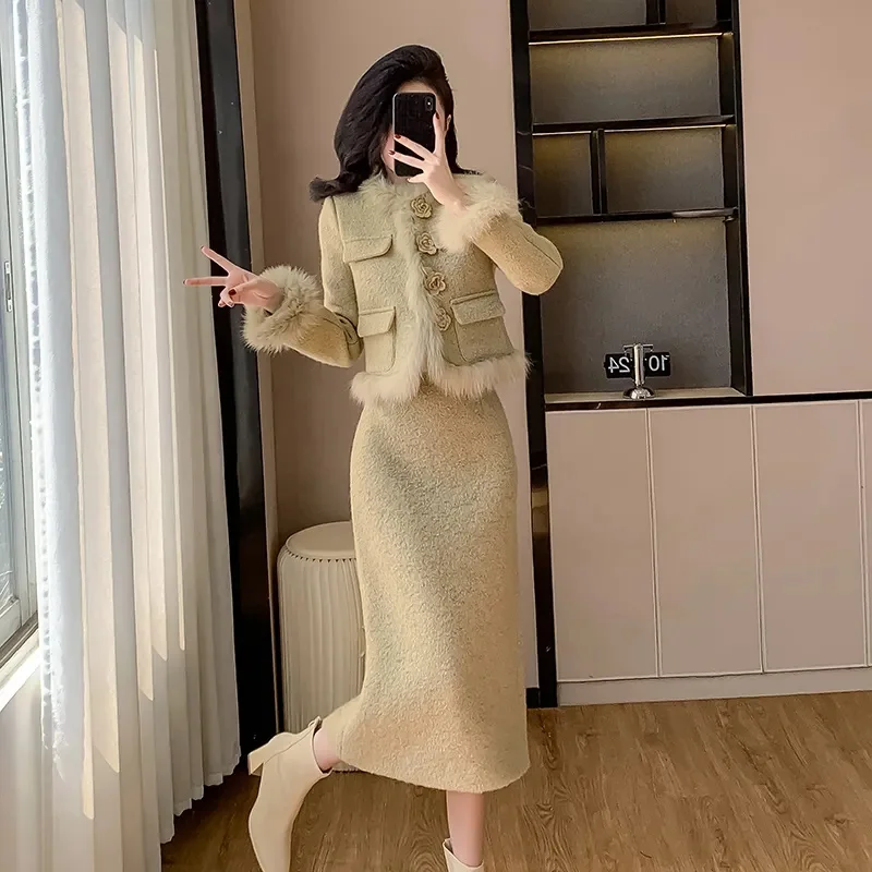 Winter Light Luxury Temperament Thickened Jacket Woolen Skirt High-End Long Skirt Set Mujer Three-Dimensional Decorate Coat Pink