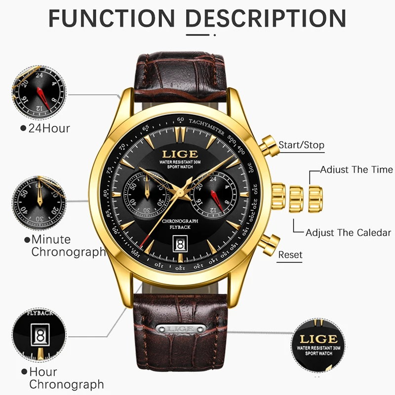 LIGE Men's Watch Big Dial  Leather Band Date Mens Business Male Watches Waterproof Luxuries Men Wrist Watches for Men