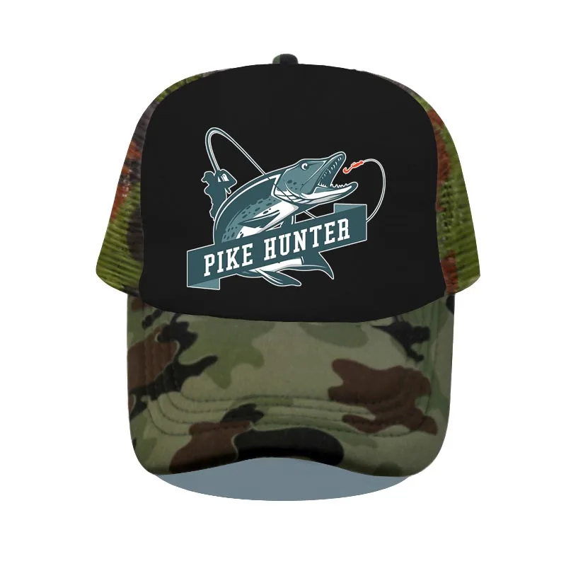 Cappello da camionista con stampa da pescatore fresco Pike Hunter Canna da pesca Cappellini snapback in rete Esche da pesca Drift Baseball traspirante_voghion.com