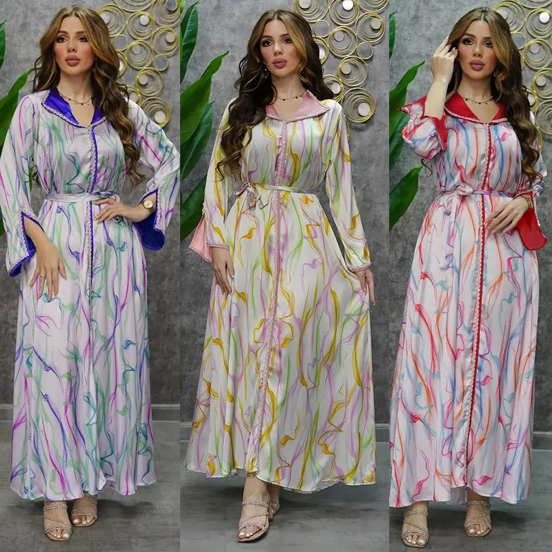 

Abaya Print Dress Women 2023 New Ribbon Dubai Turkey Arabic Oman Moroccan Ramadan Caftan Eid Muslim Clothes Elegant Vestidos