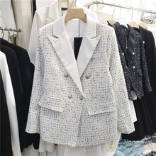 

Jacket Women Spring 2022 White Sequined Spring New Slim Fit Street Lady Chic Top Long Sleeve Tweed Coat White Black