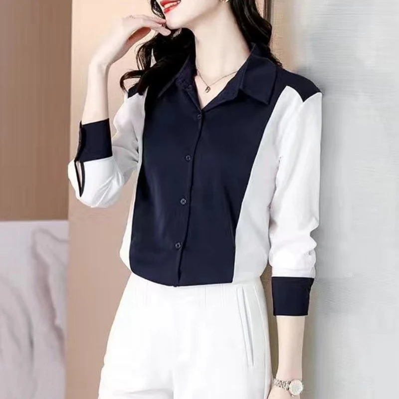 Fall Fashion Contrast Color Simple Button Down Shirt for Women Korean Elegant Office Lady Blouse Loose Top Chemisier Femme Chic