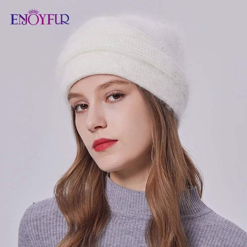 ENJOYFUR Women Winter Hats Warm Fluffy Angora Rabbit Fur Knit Hat Female Fashion Thick Double Layer Casual Bonnet Skull Cap 2