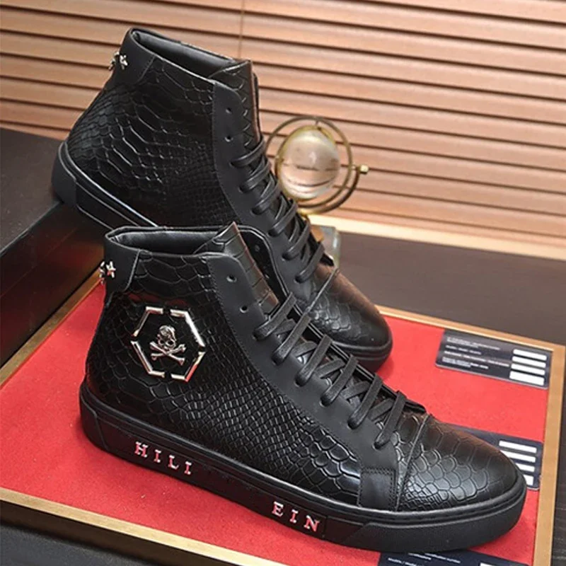 

2024 Men's Shoes New Brand Fish Scale Comfortable Trendy High Top Lace Up Shoes Leather Breathable High Quality Shoes