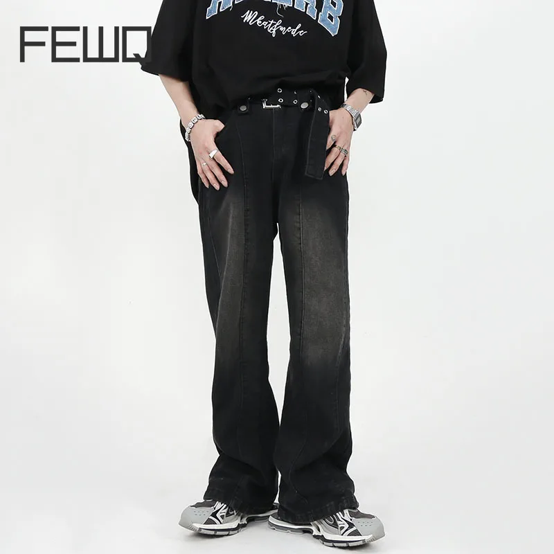 

FEWQ Niche Design Metal Belt Men's Jeans Straight Casual Pants Male Solid Color Denim Trousers Worn Out Autumn 2023 New 24B2246