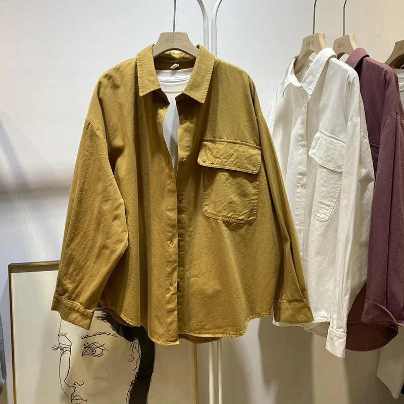 

2023 Women'S Spring Simple Generous Polo Collar Long Sleeve Shirt with One Pocket Loose Fitting Blouse Jacket