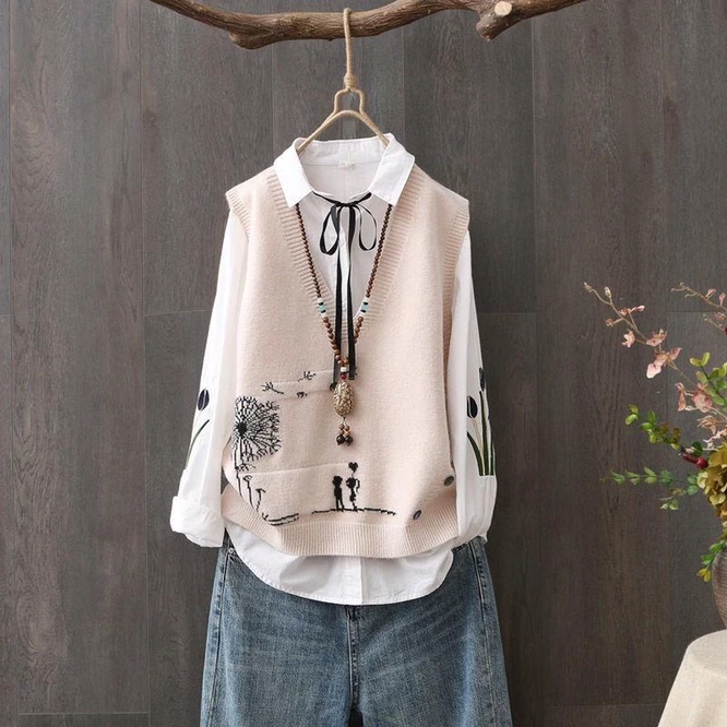 

Beige Japan Korean Spring Fall V-neck Knit Sleeveless Sweater Vest Loose Coat Outcoat Lady Top Cloth for Women girl Waistcoat
