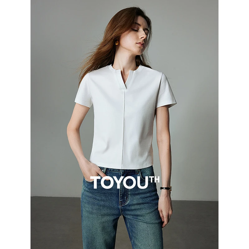 

TOYOUTH Women Xinjiang Long Staple Cotton T-shirt 2024 Summer New Solid Color Top