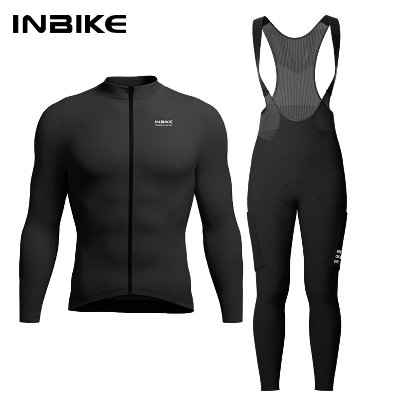 INBIKE Winter Cycling Bib Tights Set with Pad Long Sleeve Jersey Thermal Fleece Warm Pockets for Men Road Bike MTB Clothing Man