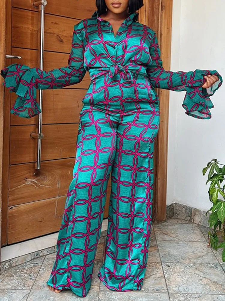 

African Print Two Piece Set Women Outfit Casual Shirt Top And Wide-leg Pants Set Lady Party Matching Sets Muslim Fashion 2 Piece