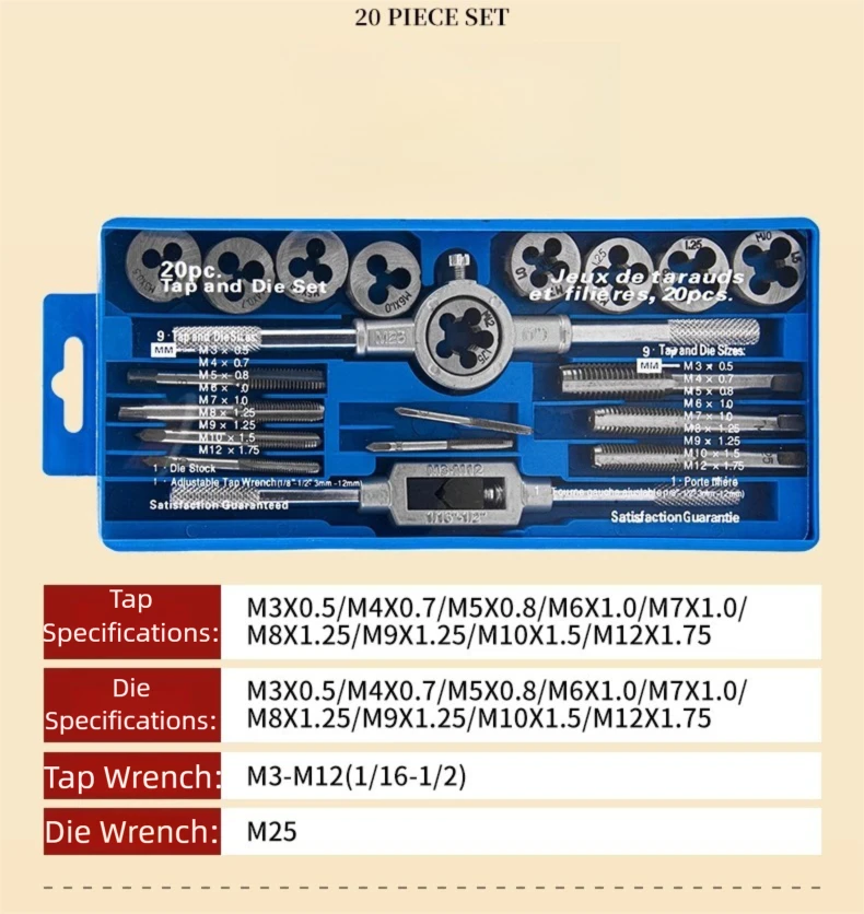 Hand Tap and Die Set with Handle for Thread Repair Rethreading Screws Combination Tool Kit Manual Socket Wrench Thread Repair