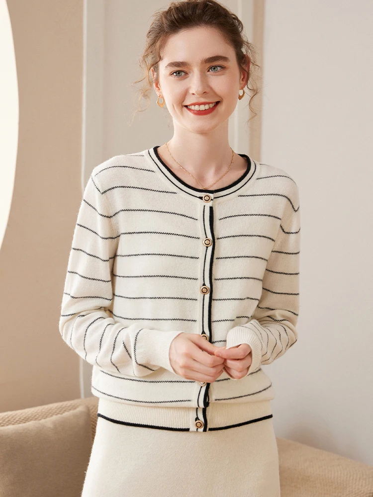 

Spring Autumn 100% Cashmere Women Cardigan O-Neck Striped Cashmere Sweater 2023 Korean Fashion Female Clothes Tops